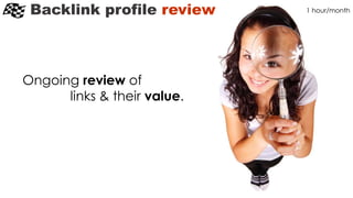 Backlink profile review
Ongoing review of
links & their value.
1 hour/month
 