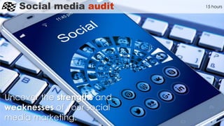 Social media audit
Uncover the strengths and
weaknesses of your social
media marketing.
15 hours
 