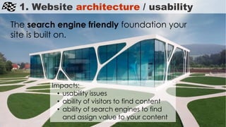 1. Website architecture / usability
The search engine friendly foundation your
site is built on.
Impacts:
• usability issues
• ability of visitors to find content
• ability of search engines to find
and assign value to your content
 