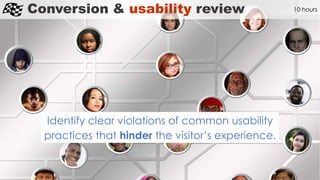 Conversion & usability review
Identify clear violations of common usability
practices that hinder the visitor’s experience.
10 hours
 