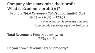 Company aims maximize their profit.
What is Economic profit(𝜋)?
Profit is Total Revenue – Total (opportunity) Cost
𝜋 𝑞 = 𝑇...