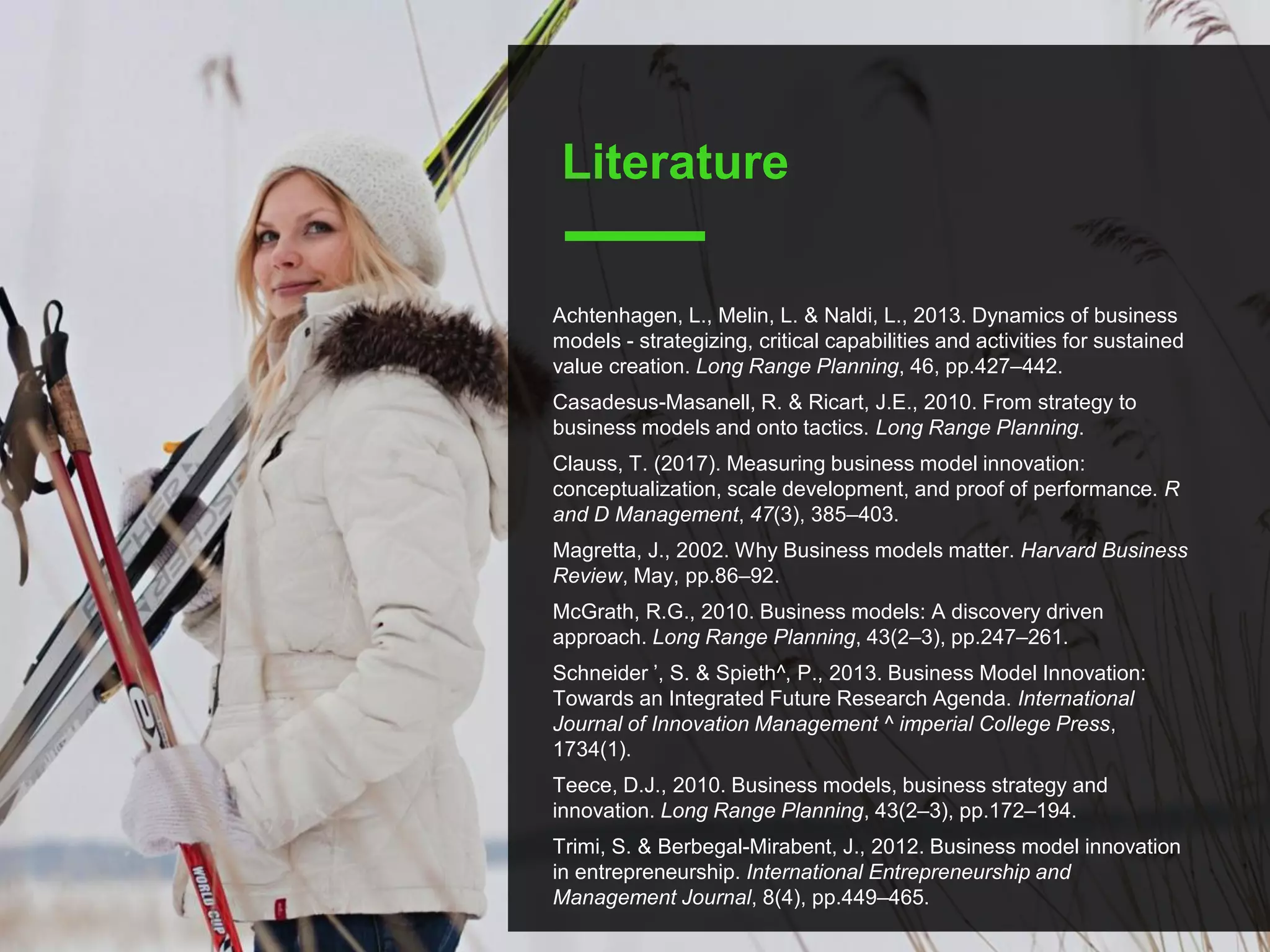 Literature
Achtenhagen, L., Melin, L. & Naldi, L., 2013. Dynamics of business
models - strategizing, critical capabilities and activities for sustained
value creation. Long Range Planning, 46, pp.427–442.
Casadesus-Masanell, R. & Ricart, J.E., 2010. From strategy to
business models and onto tactics. Long Range Planning.
Clauss, T. (2017). Measuring business model innovation:
conceptualization, scale development, and proof of performance. R
and D Management, 47(3), 385–403.
Magretta, J., 2002. Why Business models matter. Harvard Business
Review, May, pp.86–92.
McGrath, R.G., 2010. Business models: A discovery driven
approach. Long Range Planning, 43(2–3), pp.247–261.
Schneider ’, S. & Spieth^, P., 2013. Business Model Innovation:
Towards an Integrated Future Research Agenda. International
Journal of Innovation Management ^ imperial College Press,
1734(1).
Teece, D.J., 2010. Business models, business strategy and
innovation. Long Range Planning, 43(2–3), pp.172–194.
Trimi, S. & Berbegal-Mirabent, J., 2012. Business model innovation
in entrepreneurship. International Entrepreneurship and
Management Journal, 8(4), pp.449–465.
 