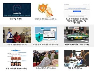 작곡(구글 마젠타)
시신경 질환 예측(건양의대) 저작권 침해 예방(한국저작권보호원) 졸음운전 예측(일본 다이이치교통)
다이어트 분야(365mc네트웍스)
영상 조작(미국 워싱턴대학교) 드레스 제작(마르케사+IBM) 채용 도우미(헤이스)
목소리 재현(캐나다 라이어버드,
어도비 프로젝트 보코, 구글
웨이브넷)
 