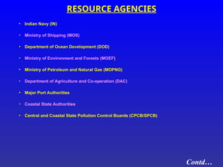 RESOURCE AGENCIES
• Indian Navy (IN)
• Ministry of Shipping (MOS)
• Department of Ocean Development (DOD)
• Ministry of Environment and Forests (MOEF)
• Ministry of Petroleum and Natural Gas (MOPNG)
• Department of Agriculture and Co-operation (DAC)
• Major Port Authorities
• Coastal State Authorities
• Central and Coastal State Pollution Control Boards (CPCB/SPCB)
Contd…
 