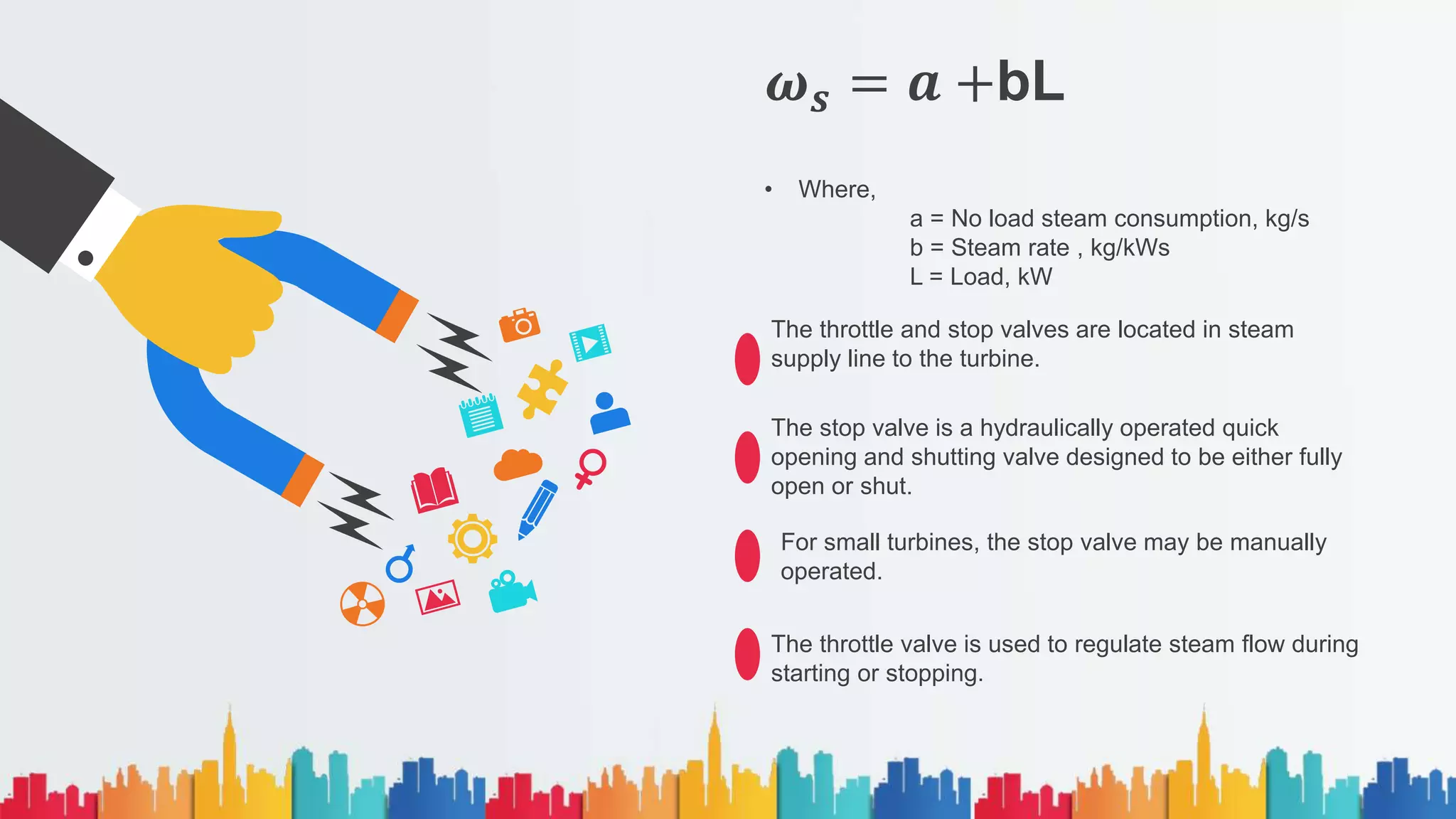 𝝎𝒔 = 𝒂 +bL
• Where,
a = No load steam consumption, kg/s
b = Steam rate , kg/kWs
L = Load, kW
The throttle and stop valves are located in steam
supply line to the turbine.
The stop valve is a hydraulically operated quick
opening and shutting valve designed to be either fully
open or shut.
For small turbines, the stop valve may be manually
operated.
The throttle valve is used to regulate steam flow during
starting or stopping.
 