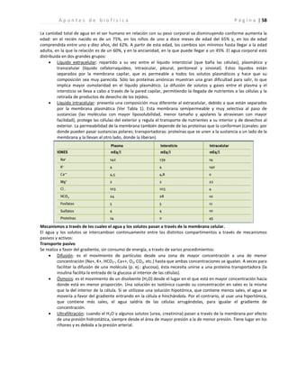 | 58
A p u n t e s d e b i o f í s i c a P á g i n a
La cantidad total de agua en el ser humano en relación con su peso corporal va disminuyendo conforme aumenta la
edad: en el recién nacido es de un 75%, en los niños de uno a doce meses de edad del 65% y, en los de edad
comprendida entre uno y diez años, del 62%. A partir de esta edad, los cambios son mínimos hasta llegar a la edad
adulta, en la que la relación es de un 60%, y en la ancianidad, en la que puede llegar a un 45%. El agua corporal está
distribuida en dos grandes grupos:
 Líquido extracelular: repartido a su vez entre el líquido intersticial (que baña las células), plasmático y
transcelular (líquido cefalorraquídeo, intraocular, pleural, peritoneal y sinovial). Estos líquidos están
separados por la membrana capilar, que es permeable a todos los solutos plasmáticos y hace que su
composición sea muy parecida. Sólo las proteínas aniónicas muestran una gran dificultad para salir, lo que
implica mayor osmolaridad en el líquido plasmático. La difusión de solutos y gases entre el plasma y el
intersticio se lleva a cabo a través de la pared capilar, permitiendo la llegada de nutrientes a las células y la
retirada de productos de desecho de los tejidos.
 Líquido intracelular: presenta una composición muy diferente al extracelular, debido a que están separados
por la membrana plasmática (Ver Tabla 1). Esta membrana semipermeable y muy selectiva al paso de
sustancias (las moléculas con mayor liposolubilidad, menor tamaño y apolares la atraviesan con mayor
facilidad), protege las células del exterior y regula el transporte de nutrientes a su interior y de desechos al
exterior. La permeabilidad de la membrana también depende de las proteínas que la conforman (canales: por
donde pueden pasar sustancias polares; transportadoras: proteínas que se unen a la sustancia a un lado de la
membrana y la llevan al otro lado, donde la liberan).
Mecanismos a través de los cuales el agua y los solutos pasan a través de la membrana celular.
El agua y los solutos se intercambian continuamente entre los distintos compartimentos a través de mecanismos
pasivos y activos:
Transporte pasivo
Se realiza a favor del gradiente, sin consumo de energía, a través de varios procedimientos:
 Difusión: es el movimiento de partículas desde una zona de mayor concentración a una de menor
concentración (Na+, K+, HCO3-, Ca++, O2, CO2, etc.) hasta que ambas concentraciones se igualan. A veces para
facilitar la difusión de una molécula (p. ej.: glucosa), ésta necesita unirse a una proteína transportadora (la
insulina facilita la entrada de la glucosa al interior de las células).
 Ósmosis: es el movimiento de un disolvente (H2O) desde el lugar en el que está en mayor concentración hacia
donde está en menor proporción. Una solución es isotónica cuando su concentración en sales es la misma
que la del interior de la célula. Si se utilizase una solución hipotónica, que contiene menos sales, el agua se
movería a favor del gradiente entrando en la célula e hinchándola. Por el contrario, al usar una hipertónica,
que contiene más sales, el agua saldría de las células arrugándolas, para igualar el gradiente de
concentración.
 Ultrafiltración: cuando el H2O y algunos solutos (urea, creatinina) pasan a través de la membrana por efecto
de una presión hidrostática, siempre desde el área de mayor presión a la de menor presión. Tiene lugar en los
riñones y es debida a la presión arterial.
 