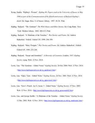 Cregge 19
Kemp, Sandra. “Kipling’s Women”. Kipling 86: Papers read at the University of Sussex in May
1986 as part of the Commemoration of the fiftieth anniversary of Rudyard Kipling’s
death. Ed. Angus Ross. U of Sussex Library. 1987. 30-36. Print.
Kipling, Rudyard. “The Gardener” The Wish House and Other Stories. Ed. Craig Raine. New
York: Modern Library, 2002. 404-413. Print.
Kipling, Rudyard. “A Madonna of the Trenches.” War Stories and Poems. Ed. Andrew
Rutherford. Oxford: Oxford UP, 1999. 294-309.
Kipling, Rudyard. “Mary Postgate.” War Stories and Poems. Ed. Andrew Rutherford. Oxford:
Oxford UP, 1999. 235-249.
Kipling, Rudyard. “Swept and Garnished.” A Diversity of Creatures. London, 1917. Kipling
Society. n.pag. Web. 12 Nov. 2014.
Lewis, Lisa. “The Gardener – Edited Notes.” Kipling Society. 26 Oct. 2004. Web. 12 Nov. 2014.
<http://www.kiplingsociety.co.uk/rg_gardener1.htm>
Lewis, Lisa. “Gipsy Vans – Edited Notes.” Kipling Society. 26 Nov. 2003. Web. 12 Nov. 2014.
<http://www.kiplingsociety.co.uk/rg_gipsyvans1.htm>
Lewis, Lisa. “Gow’s Watch: Act V, Scene 3 – Edited Notes.” Kipling Society. 27 Nov. 2003.
Web. 12 Nov. 2014. <http://www.kiplingsociety.co.uk/rg_gowswatch2.htm>
Lewis, Lisa, and George Kieffer. “A Madonna of the Trenches – Edited Notes.” Kipling Society.
12 Dec. 2003. Web. 12 Nov. 2014. <http://www.kiplingsociety.co.uk/rg_madonna1.htm>
 