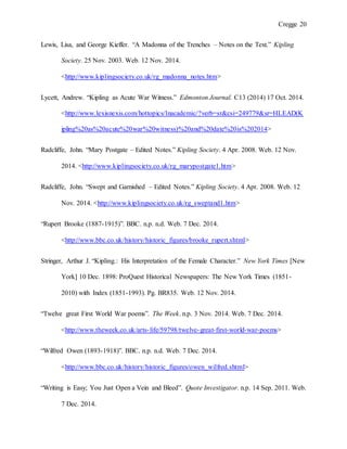 Cregge 20
Lewis, Lisa, and George Kieffer. “A Madonna of the Trenches – Notes on the Text.” Kipling
Society. 25 Nov. 2003. Web. 12 Nov. 2014.
<http://www.kiplingsociety.co.uk/rg_madonna_notes.htm>
Lycett, Andrew. “Kipling as Acute War Witness.” Edmonton Journal. C13 (2014) 17 Oct. 2014.
<http://www.lexisnexis.com/hottopics/lnacademic/?verb=sr&csi=249779&sr=HLEAD(K
ipling%20as%20acute%20war%20witness)%20and%20date%20is%202014>
Radcliffe, John. “Mary Postgate – Edited Notes.” Kipling Society. 4 Apr. 2008. Web. 12 Nov.
2014. <http://www.kiplingsociety.co.uk/rg_marypostgate1.htm>
Radcliffe, John. “Swept and Garnished – Edited Notes.” Kipling Society. 4 Apr. 2008. Web. 12
Nov. 2014. <http://www.kiplingsociety.co.uk/rg_sweptand1.htm>
“Rupert Brooke (1887-1915)”. BBC. n.p. n.d. Web. 7 Dec. 2014.
<http://www.bbc.co.uk/history/historic_figures/brooke_rupert.shtml>
Stringer, Arthur J. “Kipling.: His Interpretation of the Female Character.” New York Times [New
York] 10 Dec. 1898: ProQuest Historical Newspapers: The New York Times (1851-
2010) with Index (1851-1993). Pg. BR835. Web. 12 Nov. 2014.
“Twelve great First World War poems”. The Week. n.p. 3 Nov. 2014. Web. 7 Dec. 2014.
<http://www.theweek.co.uk/arts-life/59798/twelve-great-first-world-war-poems>
“Wilfred Owen (1893-1918)”. BBC. n.p. n.d. Web. 7 Dec. 2014.
<http://www.bbc.co.uk/history/historic_figures/owen_wilfred.shtml>
“Writing is Easy; You Just Open a Vein and Bleed”. Quote Investigator. n.p. 14 Sep. 2011. Web.
7 Dec. 2014.
 