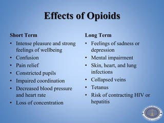 Effects of Opioids
Short Term
• Intense pleasure and strong
feelings of wellbeing
• Confusion
• Pain relief
• Constricted pupils
• Impaired coordination
• Decreased blood pressure
and heart rate
• Loss of concentration
Long Term
• Feelings of sadness or
depression
• Mental impairment
• Skin, heart, and lung
infections
• Collapsed veins
• Tetanus
• Risk of contracting HIV or
hepatitis
 