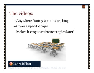 p. 1717
17
The videos:
– Anywhere from 5‐20 minutes long
– Cover a specific topic
– Makes it easy to reference topics later!
 