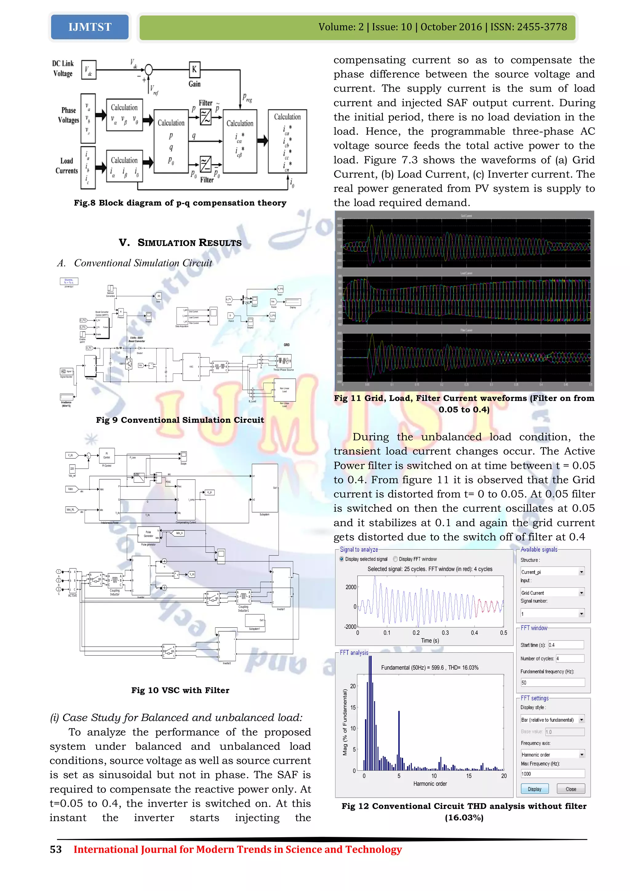 53 International Journal for Modern Trends in Science and Technology
Volume: 2 | Issue: 10 | October 2016 | ISSN: 2455-3778IJMTST
Fig.8 Block diagram of p-q compensation theory
V. SIMULATION RESULTS
A. Conventional Simulation Circuit
Fig 9 Conventional Simulation Circuit
Fig 10 VSC with Filter
(i) Case Study for Balanced and unbalanced load:
To analyze the performance of the proposed
system under balanced and unbalanced load
conditions, source voltage as well as source current
is set as sinusoidal but not in phase. The SAF is
required to compensate the reactive power only. At
t=0.05 to 0.4, the inverter is switched on. At this
instant the inverter starts injecting the
compensating current so as to compensate the
phase difference between the source voltage and
current. The supply current is the sum of load
current and injected SAF output current. During
the initial period, there is no load deviation in the
load. Hence, the programmable three-phase AC
voltage source feeds the total active power to the
load. Figure 7.3 shows the waveforms of (a) Grid
Current, (b) Load Current, (c) Inverter current. The
real power generated from PV system is supply to
the load required demand.
Fig 11 Grid, Load, Filter Current waveforms (Filter on from
0.05 to 0.4)
During the unbalanced load condition, the
transient load current changes occur. The Active
Power filter is switched on at time between t = 0.05
to 0.4. From figure 11 it is observed that the Grid
current is distorted from t= 0 to 0.05. At 0.05 filter
is switched on then the current oscillates at 0.05
and it stabilizes at 0.1 and again the grid current
gets distorted due to the switch off of filter at 0.4
Fig 12 Conventional Circuit THD analysis without filter
(16.03%)
GRID
5 kHz - 500V
Boost Converter
Discrete,
Ts = Ts s.
powergui
v
+
-
A
B
C
Three-Phase Source
A
B
C
A
B
CSignal 1
Signal Builder
Scope3
Scope2
Scope1
Product
Ir
m
+
-
PV Array
A
B
C
Non Linear
Load
Non Linear
Load
L1
Irradiance
(W/m^2)
g
C
E
IGBT1
Vdc
[I_PV]
Goto3
m_PV
[V_PV]
Goto1
[A]
Goto Vdc
From4
D
From3[V_PV]
[I_PV]
m_PV
From
Enable
MPPT
Display
Diode1
Deblock
Converters
I_grid
I_Load
I_AF
Data Acquistion
V_PV
I_PV
Enable
Pulses
Boost Converter
Control (MPPT)
A
B
C
a
b
c
B_Load
A
B
C
a
b
c
B
+
-
A
B
C
VSC
Grid Current
Load Current
Filter Current
<V_PV>
<I_PV>
5
-
4
+
3
C
2
B
1
A v
+
-
220
Vdc_ref
ic_pi
A
B
C
a
b
c
A
B
C
a
b
c
A
B
C
a
b
c
Out1
Subsystem1
In1
In2
Out1
Subsystem
Scope
Ic
Iabc
g
Pulse
Generator
Pulse generator
PI
Control
PI Control
g
A
B
C
+
-
Inverter3
g
A
B
C
+
-
Inverter1
g
A
B
C
+
-
Inverter
Vabc
Iabc
P
Q
V_dq
InstataneousPower
V_dc
Iabc_A
V_dc
Iabc_NL
Vabc
A
B
C
A
B
C
Coupling
Inductor1
A
B
C
A
B
C
Coupling
Inductor
Posc
Q
Vdq
I_comp
Compensating Current
butter
A
B
C
a
b
c
ACTIVE
abc
abc
abc
P_Loss
POSC
Q
V_dq
0 0.1 0.2 0.3 0.4 0.5
-2000
0
2000
Selected signal: 25 cycles. FFT window (in red): 4 cycles
Time (s)
0 5 10 15 20
0
5
10
15
20
Harmonic order
Fundamental (50Hz) = 599.6 , THD= 16.03%
Mag(%ofFundamental)
 