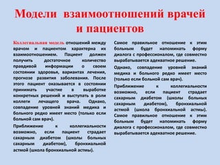 Модели взаимоотношений врачей
и пациентов
Коллегиальная модель отношений между
врачом и пациентом характерна их
взаимоотношением. Пациент должен
получить достаточное количество
правдивой информации о своем
состоянии здоровья, вариантах лечения,
прогнозе развития заболевания. После
этого пациент оказывается в состоянии
принимать участие в выработке
конкретных решений и выступать в роли
коллеги лечащего врача. Однако,
совпадение уровней знаний медика и
больного редко имеет место (только если
больной сам врач).
Приближение к коллегиальности
возможно, если пациент страдает
сахарным диабетом (школы больных
сахарным диабетом), бронхиальной
астмой (школа бронхиальной астмы).
Самое правильное отношение к этим
больным будет напоминать форму
диалога с профессионалом, где совместно
вырабатывается адекватное решение.
Однако, совпадение уровней знаний
медика и больного редко имеет место
(только если больной сам врач).
Приближение к коллегиальности
возможно, если пациент страдает
сахарным диабетом (школы больных
сахарным диабетом), бронхиальной
астмой (школа бронхиальной астмы).
Самое правильное отношение к этим
больным будет напоминать форму
диалога с профессионалом, где совместно
вырабатывается адекватное решение.
 