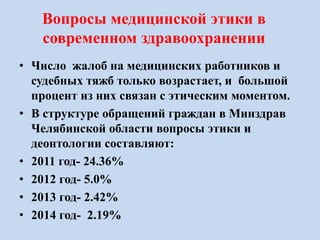Вопросы медицинской этики в
современном здравоохранении
• Число жалоб на медицинских работников и
судебных тяжб только возрастает, и большой
процент из них связан с этическим моментом.
• В структуре обращений граждан в Минздрав
Челябинской области вопросы этики и
деонтологии составляют:
• 2011 год- 24.36%
• 2012 год- 5.0%
• 2013 год- 2.42%
• 2014 год- 2.19%
 