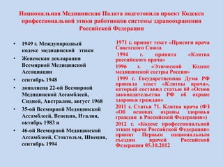 Национальная Медицинская Палата подготовила проект Кодекса
профессиональной этики работников системы здравоохранения
Российской Федерации
• 1949 г. Международный
кодекс медицинской этики
• Женевская декларация
Всемирной Медицинской
Ассоциации
• сентябрь 1948
• дополнена 22-ой Всемирной
Медицинской Ассамблеей,
Сидней, Австралия, август 1968
• 35-ой Всемирной Медицинской
Ассамблеей, Венеция, Италия,
октябрь 1983 и
• 46-ой Всемирной Медицинской
Ассамблеей, Стокгольм, Швеция,
сентябрь 1994
1971 г. принят текст «Присяги врача
Советского Союза
1994 г. принята «Клятва
российского врача»
1996 г. «Этический Кодекс
медицинской сестры России»
1999 г. Государственная Дума РФ
приняла текст «Клятвы врача»,
который составил статью 60 «Основ
законодательства РФ об охране
здоровья граждан»
2011 г. Статья 71. Клятва врача (ФЗ
«Об основах охраны здоровья
граждан в Российской Федерации»)
2012 г. «Кодекс профессиональной
этики врача Российской Федерации»
принят Первым национальным
съездом врачей Российской
Федерации 05.10.2012
 
