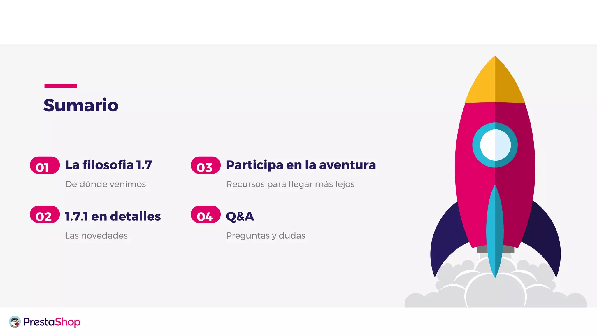 La filosofia 1.7
De dónde venimos
1.7.1 en detalles
Las novedades
02
01
Sumario
Participa en la aventura
Recursos para llegar más lejos
Q&A
Preguntas y dudas
04
03
 