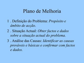 Plano de Melhoria
1 . Definição do Problema: Propósito e
âmbito de acção.
2 . Situação Actual: Obter factos e dados
sobre a situação actual do problema.
3 . Análise das Causas: Identificar as causas
prováveis e básicas e confirmar com factos
e dados.
 