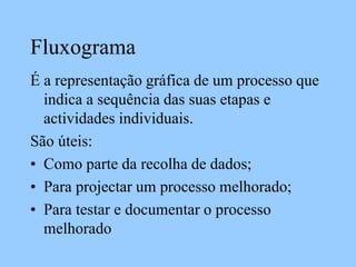 Fluxograma
É a representação gráfica de um processo que
indica a sequência das suas etapas e
actividades individuais.
São úteis:
• Como parte da recolha de dados;
• Para projectar um processo melhorado;
• Para testar e documentar o processo
melhorado
 