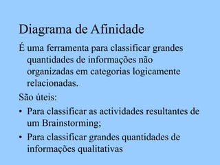 Diagrama de Afinidade
É uma ferramenta para classificar grandes
quantidades de informações não
organizadas em categorias logicamente
relacionadas.
São úteis:
• Para classificar as actividades resultantes de
um Brainstorming;
• Para classificar grandes quantidades de
informações qualitativas
 