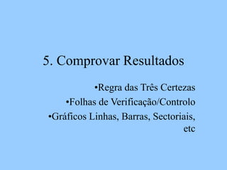 5. Comprovar Resultados
•Regra das Três Certezas
•Folhas de Verificação/Controlo
•Gráficos Linhas, Barras, Sectoriais,
etc
 