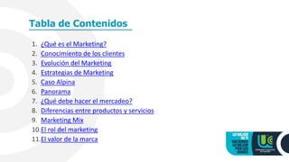 Tabla de Contenidos
1. ¿Qué es el Marketing?
2. Conocimiento de los clientes
3. Evolución del Marketing
4. Estrategias de Marketing
5. Caso Alpina
6. Panorama
7. ¿Qué debe hacer el mercadeo?
8. Diferencias entre productos y servicios
9. Marketing Mix
10.El rol del marketing
11.El valor de la marca
 
