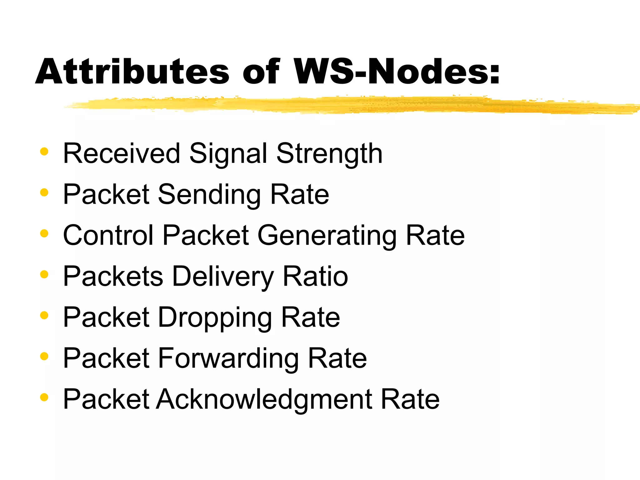 Attributes of WS-Nodes:
• Received Signal Strength
• Packet Sending Rate
• Control Packet Generating Rate
• Packets Delivery Ratio
• Packet Dropping Rate
• Packet Forwarding Rate
• Packet Acknowledgment Rate
 