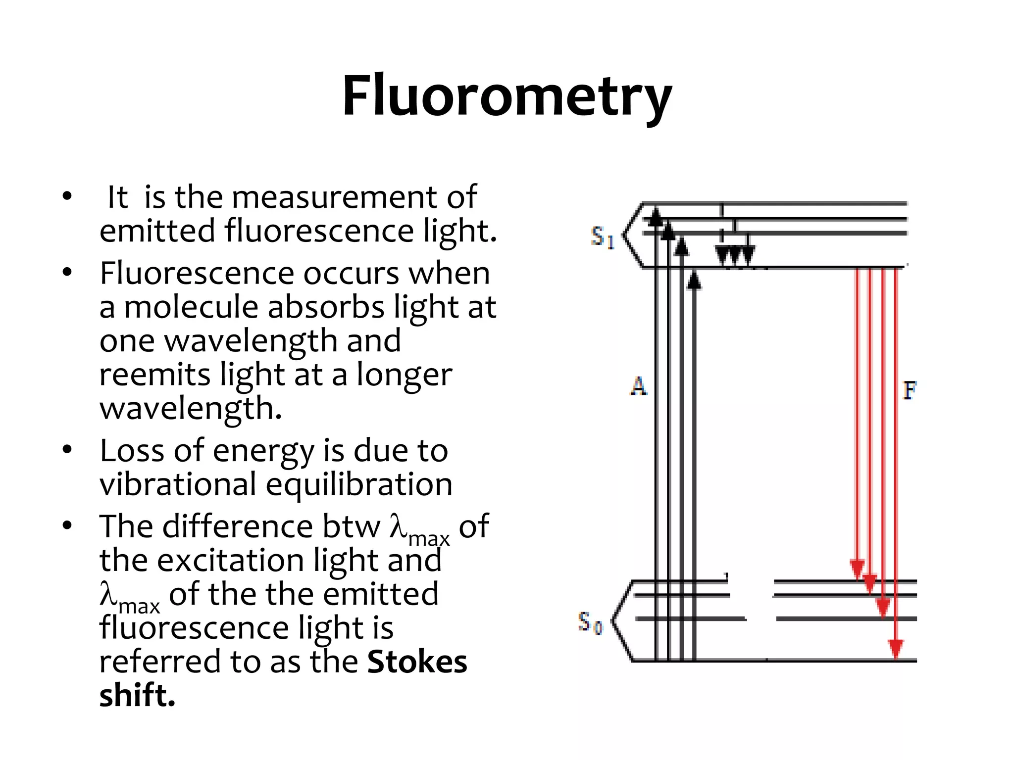 Fluorometry
• It is the measurement of
emitted fluorescence light.
• Fluorescence occurs when
a molecule absorbs light at
one wavelength and
reemits light at a longer
wavelength.
• Loss of energy is due to
vibrational equilibration
• The difference btw max of
the excitation light and
max of the the emitted
fluorescence light is
referred to as the Stokes
shift.
 