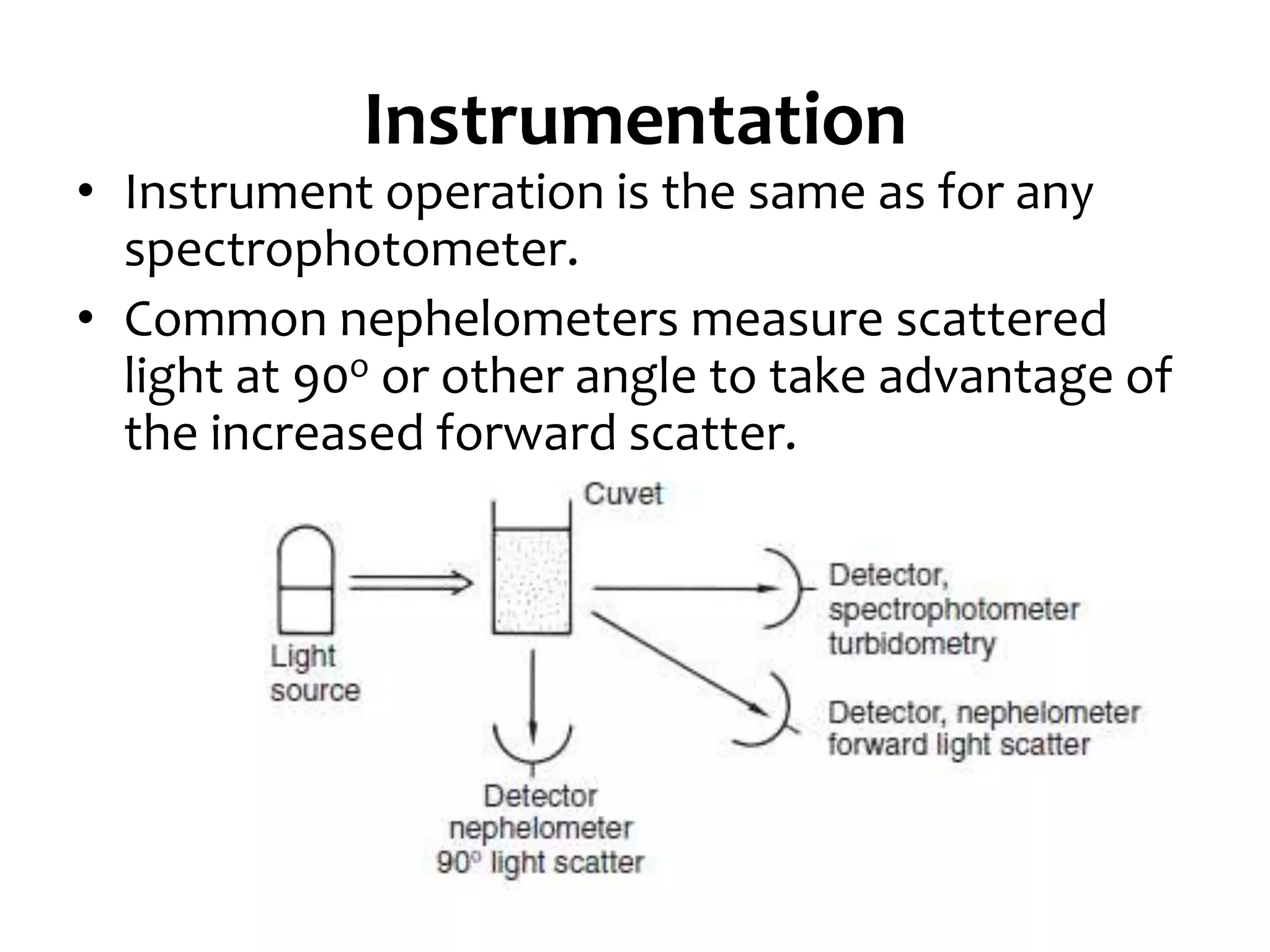 Instrumentation
• Instrument operation is the same as for any
spectrophotometer.
• Common nephelometers measure scattered
light at 90o or other angle to take advantage of
the increased forward scatter.
 