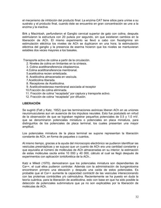 el mecanismo de inhibición del producto finaI. La enzima CAT tiene sitios para unirse a su
sustrato y el producto final, cuando éste se encuentra en gran concentración se une a la
enzima y la inactiva.

Birk y Macintosh, perfundieron el Ganglio cervical superior de gato con colina, después
estimularon la estructura con 20 pulsos por segundo, sin que existieran cambios en la
liberación de ACh. El mismo experimento se llevó a cabo con fisostigmina sin
estimulación eléctrica los niveles de ACh se duplicaron en una hora; la estimulación
eléctrica del ganglio y la presencia de eserina hicieron que los niveles se mantuvieran
estables dos veces mayores a los basales.


Transporte activo de colina a partir de la circulación.
   2. Niveles de colina en limitantes en la síntesis.
   3. Colina acetiltransferencia citoplasmica.
   4.Colina acetiltransferencia membranal.
   5.acetilcolina recien sintetizada.
   6. Acetilcolina almacenada en vesícula.
   7.Acetilcolina liberada.
   8. Receptores de Acetilcolina.
   9. Acetilcolinesterasa membranal asociada al receptor
  10.Fracción de colina eliminada.
  11. Fracción de colina “recaptada” por captura y transporte activo.
  12. Fracción de colina “recaptada” por difusión.

LIBERACIÓN

Se sugirió (Fatt y Katz, 1952) que las terminaciones axónicas liberan ACh en as uniones
neuromusculares aun en ausencia de los impulsos neurales. Esto fue postulado en virtud
de la observación de que se lograban registrar pequeños potenciales de 0.5 y 1.0 mV,
que se denominaron potenciales miniatura o potenciales en placa miniatura, para
distinguirlos de los potenciales de placa terminal, los cuales presentan una mayor
amplitud.

Los potenciales miniatura de la placa terminal se supone representan la liberación
constante de ACh, en forma de paquetes o cuantos.

Al mismo tiempo, gracias a la ayuda del microscopio electrónico se pudieron identificar ias
vesículas presinápticas y se supuso que un cuanto de ACh era una cantidad constante y
que equivalía al número de moléculas de ACh almacenadas en su interior; la estimación
de estas moléculas oscila entre 10 000 y 40 000, cálculo al cual se llegó después de
experimentos con aplicación iontoforética de la ACh..

Katz e Miledi (1970). demostraron que los potenciales miniatura son dependientes de
Ca++, el cual ellos pudieron controlar. Además con la administración de bungarotoxina
encontraron primero una elevación y después una caída de estos potenciales. Es
probable que el Ca++ aumente la capacidad contráctil de las vesículas interaccionando
con las proteínas contráctiles y/o calmodulina. Recientemente se ha puesto en duda la
teoría cuántica, para la liberación de acetilcolina. esto con base en que ha sido posible la
detección de potenciales subminiatura que ya no son explicables por la liberación de
moléculas de ACh.


                                                                                         32
 