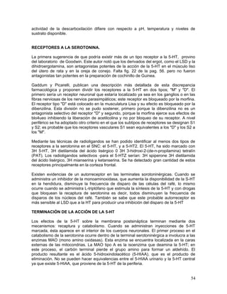 actividad de la descarboxilación difiere con respecto a pH, temperatura y niveles de
sustrato disponible.


RECEPTORES A LA SEROTONINA.

La primera sugerencia de que podría existir más de un tipo receptor a la 5-HT, provino
del laboratorio de Goodwin. Este autor notó que los derivados del ergot, como el LSD y la
dihidroergotamina, son antagonistas potentes de la acción de la 5-HT en el músculo liso
del útero de rata y en la oreja de conejo. Falta fig. 22 de la pag. 56. pero no fueron
antagonistas tan potentes en la preparación de cochinillo de Guinea.

Gaddum y Picarelli, publican una descripción más detallada de esta discrepancia
farmacológica y proponen dividir los receptores a la 5-HT en dos tipos; "M" y "D". El
primero sería un receptor neuronal que estaría localizado ya sea en los ganglios o en las
fibras nerviosas de los nervios parasimpáticos; este receptor es bloqueado por la morfina.
El receptor tipo "D" está colocado en la musculatura Lisa y su efecto es bloqueado por la
dibenzilina. Esta división no se pudo sostener, primero porque la dibenzilina no es un
antagonista selectivo del receptor "D" y segundo, porque la morfina ejerce sus efectos de
blo4ueo inhibiendo la liberación de acetilcolina y no por bloqueo de su receptor. A nivel
periférico se ha adoptado otro criterio en el que los subtipos de receptores se designan S1
y S2; es probable que los receptores vasculares S1 sean equivalentes a los "D" y los S2 a
los "M".

Mediante las técnicas de radioligandos se han podido identificar al menos dos tipos de
receptores a la serotonina en el SNC: el 5-HT, y a 5-HT2. El 5-HT, ha sido marcado con
3H 5-HT, 3H dietilamida del ácido lisérgico 0 3H 3-hidroxi-2-(de-n-propilamina) tetralín
(PAT). Los radioligandos selectivos -para el 5-HTZ serían: 3H spiperone 3H dietilamida
del ácido lisérgico, 3H mianserina y ketanserina. Se ha detectado gran cantidad de estos
receptores principalmente en la corteza frontal.

Existen evidencias de un autorreceptor en las terminates sorotoninérgicas. Cuando se
administra un inhibidor de la monoaminoxidasa, que aumenta la disponibilidad de la S-HT
en la hendidura, disminuye la frecuencia de disparo de las células del rafé, lo mismo
ocurre cuando se administra L-triptófano que estimula la síntesis de la 5-HT y con drogas
que bloquean la recaptura de serotonina es decir, todos disminuyen la frecuencia de
disparos de los núcleos del rafé. También se sabe que este probable autorreceptor es
más sensible al LSD que a la HT para producir una inhibición del disparo de la 5-HT

TERMINACIÓN DE LA ACCIÓN DE LA 5-HT

Los efectos de la 5-HT sobre la membrana postsináptica terminan mediante dos
mecanismos: recaptura y catabolismo. Cuando se administran inyecciones de 5-HT
marcada, ésta aparece en el interior de los cuerpos neuronales. El primer proceso en el
catabolismo de la serotonina ocurre dentro de la terminal serotoninérgica a involucra a las
enzimas MAO (mono amino oxidasas). Esta enzima se encuentra localizada en la caras
externas de las mitocondrias. La MAO tipo A es la isoenzima que deamina la 5-HT; en
este proceso, el carbón terminal pierde el grupo amino para formar un aldehído. El
producto resultante es el ácido 5-hidroxindolacético (5-HIAA), que es el producto de
eliminación. No se pueden hacer equivalencias entre el 5-HIAA urinario y la 5-HT central
ya que existe 5-HIAA, que proviene de la 5-HT de la periferia.


                                                                                        54
 
