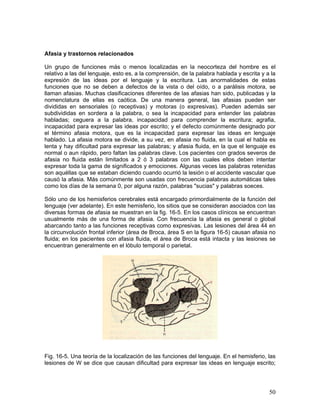 Afasia y trastornos relacionados

Un grupo de funciones más o menos localizadas en la neocorteza del hombre es el
relativo a las del lenguaje, esto es, a la comprensión, de la palabra hablada y escrita y a la
expresión de las ideas por el lenguaje y la escritura. Las anormalidades de estas
funciones que no se deben a defectos de la vista o del oído, o a parálisis motora, se
llaman afasias. Muchas clasificaciones diferentes de las afasias han sido, publicadas y la
nomenclatura de ellas es caótica. De una manera general, las afasias pueden ser
divididas en sensoriales (o receptivas) y motoras (o expresivas). Pueden además ser
subdivididas en sordera a la palabra, o sea la incapacidad para entender las palabras
habladas; ceguera a la palabra, incapacidad para comprender la escritura; agrafia,
incapacidad para expresar las ideas por escrito; y el defecto comúnmente designado por
el término afasia motora, que es la incapacidad para expresar las ideas en lenguaje
hablado. La afasia motora se divide, a su vez, en afasia no fluida, en la cual el habla es
lenta y hay dificultad para expresar las palabras; y afasia fluida, en la que el lenguaje es
normal o aun rápido, pero faltan las palabras clave. Los pacientes con grados severos de
afasia no fluida están limitados a 2 ó 3 palabras con las cuales ellos deben intentar
expresar toda la gama de significados y emociones. Algunas veces las palabras retenidas
son aquéllas que se estaban diciendo cuando ocurrió la lesión o el accidente vascular que
causó la afasia. Más comúnmente son usadas con frecuencia palabras automáticas tales
como los días de la semana 0, por alguna razón, palabras "sucias" y palabras soeces.

Sólo uno de los hemisferios cerebrales está encargado primordialmente de la función del
lenguaje (ver adelante). En este hemisferio, los sitios que se consideran asociados con las
diversas formas de afasia se muestran en la fig. 16-5. En los casos clínicos se encuentran
usualmente más de una forma de afasia. Con frecuencia la afasia es general o global
abarcando tanto a las funciones receptivas como expresivas. Las lesiones del área 44 en
la circunvolución frontal inferior (área de Broca, área S en la figura 16-5) causan afasia no
fluida; en los pacientes con afasia fluida, el área de Broca está intacta y las lesiones se
encuentran generalmente en el lóbulo temporal o parietal.




Fig. 16-5. Una teoría de la localización de las funciones del lenguaje. En el hemisferio, las
lesiones de W se dice que causan dificultad para expresar las ideas en lenguaje escrito;




                                                                                           50
 