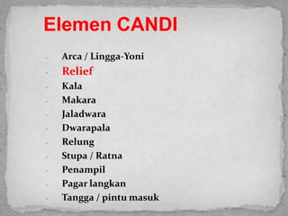Elemen CANDI
- Arca / Lingga-Yoni
- Relief
- Kala
- Makara
- Jaladwara
- Dwarapala
- Relung
- Stupa / Ratna
- Penampil
- Pagar langkan
- Tangga / pintu masuk
 