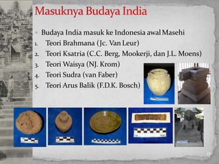  Budaya India masuk ke Indonesia awalMasehi
1. Teori Brahmana (Jc. Van Leur)
2. Teori Ksatria (C.C. Berg, Mookerji, dan J.L. Moens)
3. Teori Waisya (NJ. Krom)
4. Teori Sudra (van Faber)
5. Teori Arus Balik (F.D.K. Bosch)
12
 