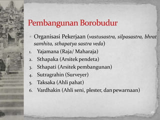  Organisasi Pekerjaan (vastusastra, silpasastra, bhrat
samhita, sthapatya sastra veda)
1. Yajamana (Raja/ Maharaja)
2. Sthapaka (Arsitek pendeta)
3. Sthapati (Arsitek pembangunan)
4. Sutragrahin (Surveyer)
5. Taksaka (Ahli pahat)
6. Vardhakin (Ahli seni, plester, danpewarnaan)
16
 