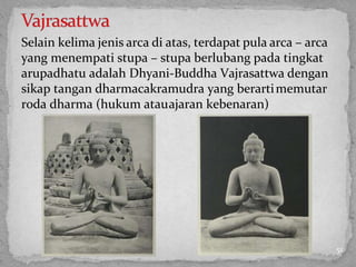 Selain kelima jenis arca di atas, terdapat pula arca – arca
yang menempati stupa – stupa berlubang pada tingkat
arupadhatu adalah Dhyani-Buddha Vajrasattwa dengan
sikap tangan dharmacakramudra yang berartimemutar
roda dharma (hukum atauajaran kebenaran)
51
 