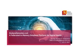 AnalyzeGenomes.com
A Federated In-Memory Database Platform for Digital Health
Dr.-Ing. Matthieu-P. Schapranow
BMBF All Hands Meeting, Karlsruhe
Oct 11, 2017
 