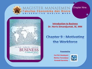 *

Chapter Nine

*
Introduction to Business
Dr. Herris Simandjuntak, SE, MM

Presented by
Cut Fitri Handayani
Markus Tanuwijaya
Purwedi Darminto

 