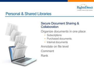 Secure Document Sharing &
Collaboration
Organize documents in one place
• Subscriptions
• Purchased documents
• Internal documents
Annotate on file level
Comment
Rank
Personal & Shared Libraries
 