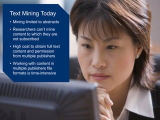 Text Mining Today
• Mining limited to abstracts
• Researchers can’t mine
content to which they are
not subscribed
• High cost to obtain full text
content and permission
from multiple publishers
• Working with content in
multiple publishers file
formats is time-intensive
 