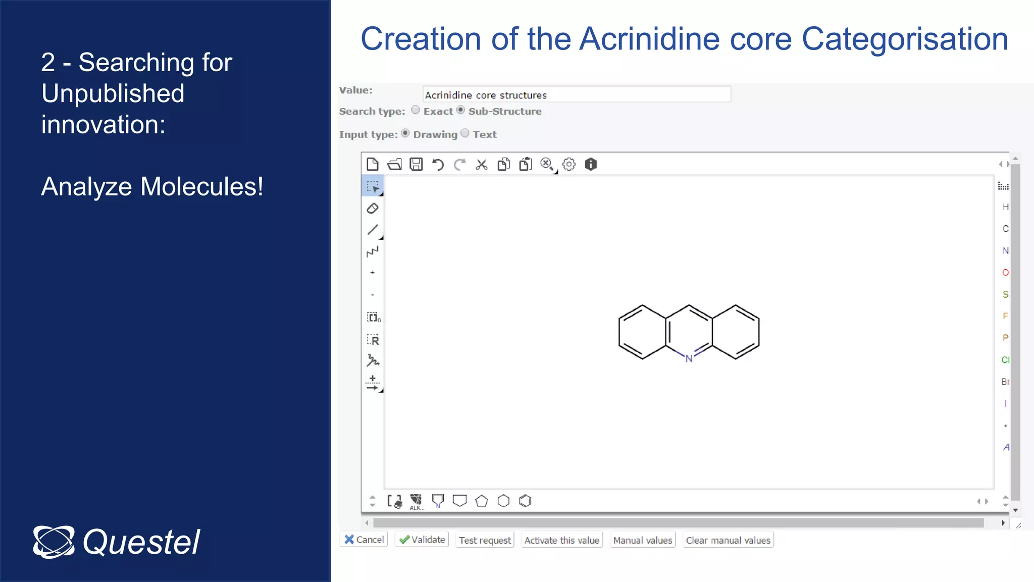 Questel Intellixir
2 - Searching for
Unpublished
innovation:
Analyze Molecules!
Creation of the Acrinidine core Categorisation
 