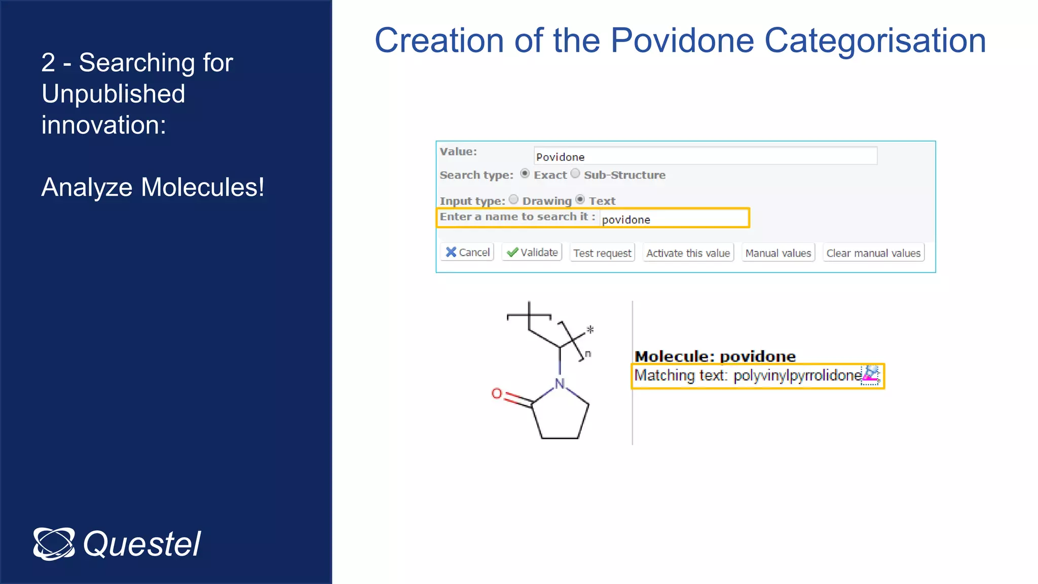 Questel Intellixir
2 - Searching for
Unpublished
innovation:
Analyze Molecules!
Creation of the Povidone Categorisation
 