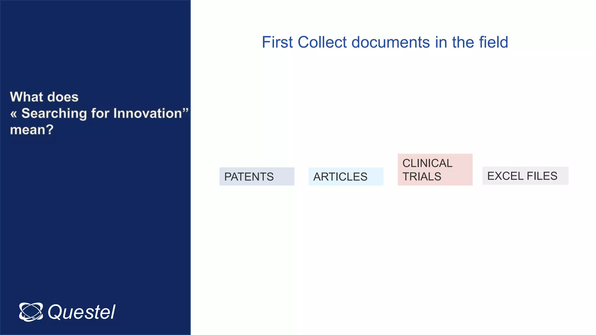 PATENTS ARTICLES
CLINICAL
TRIALS EXCEL FILES
Questel Intellixir
First Collect documents in the field
 