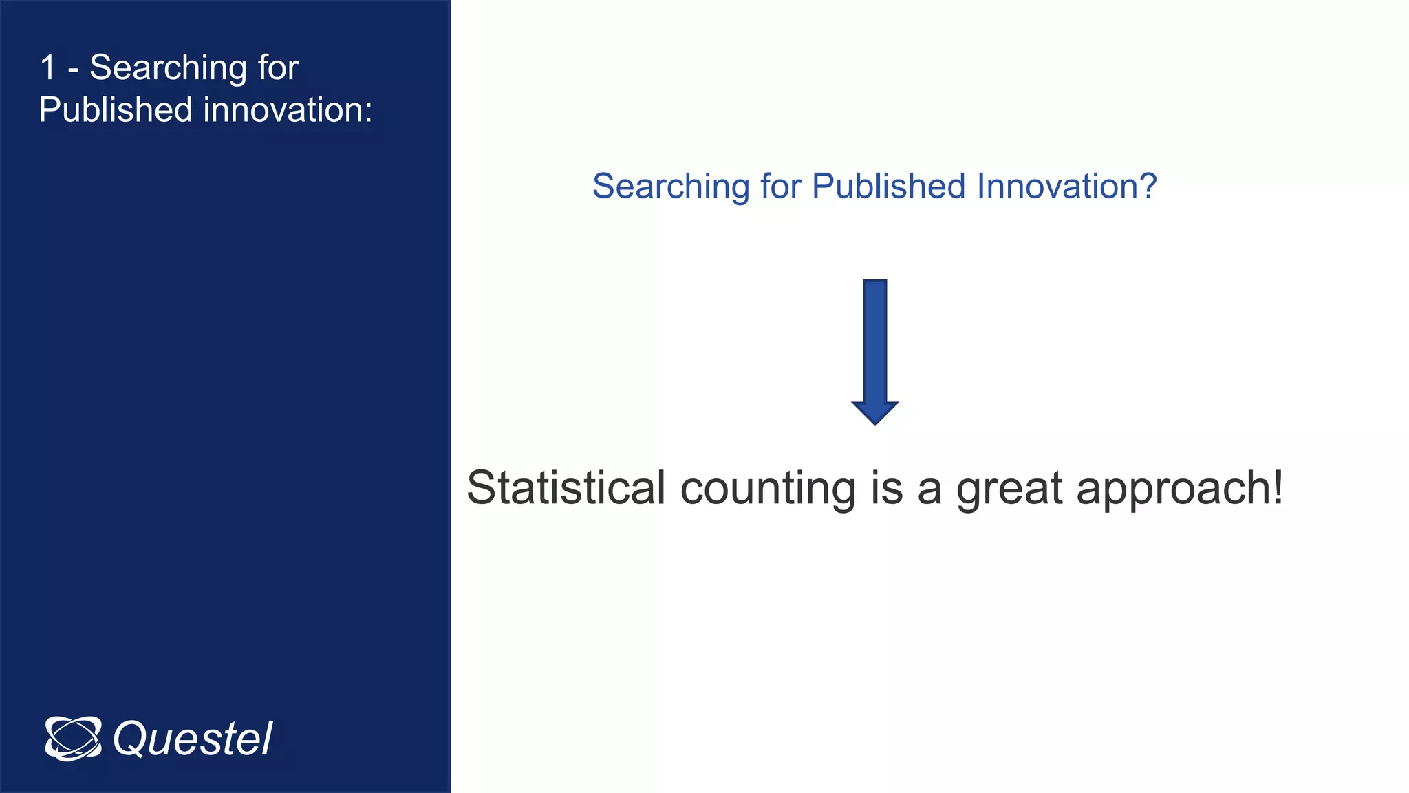 Searching for Published Innovation?
Statistical counting is a great approach!
Questel Intellixir
1 - Searching for
Published innovation:
 