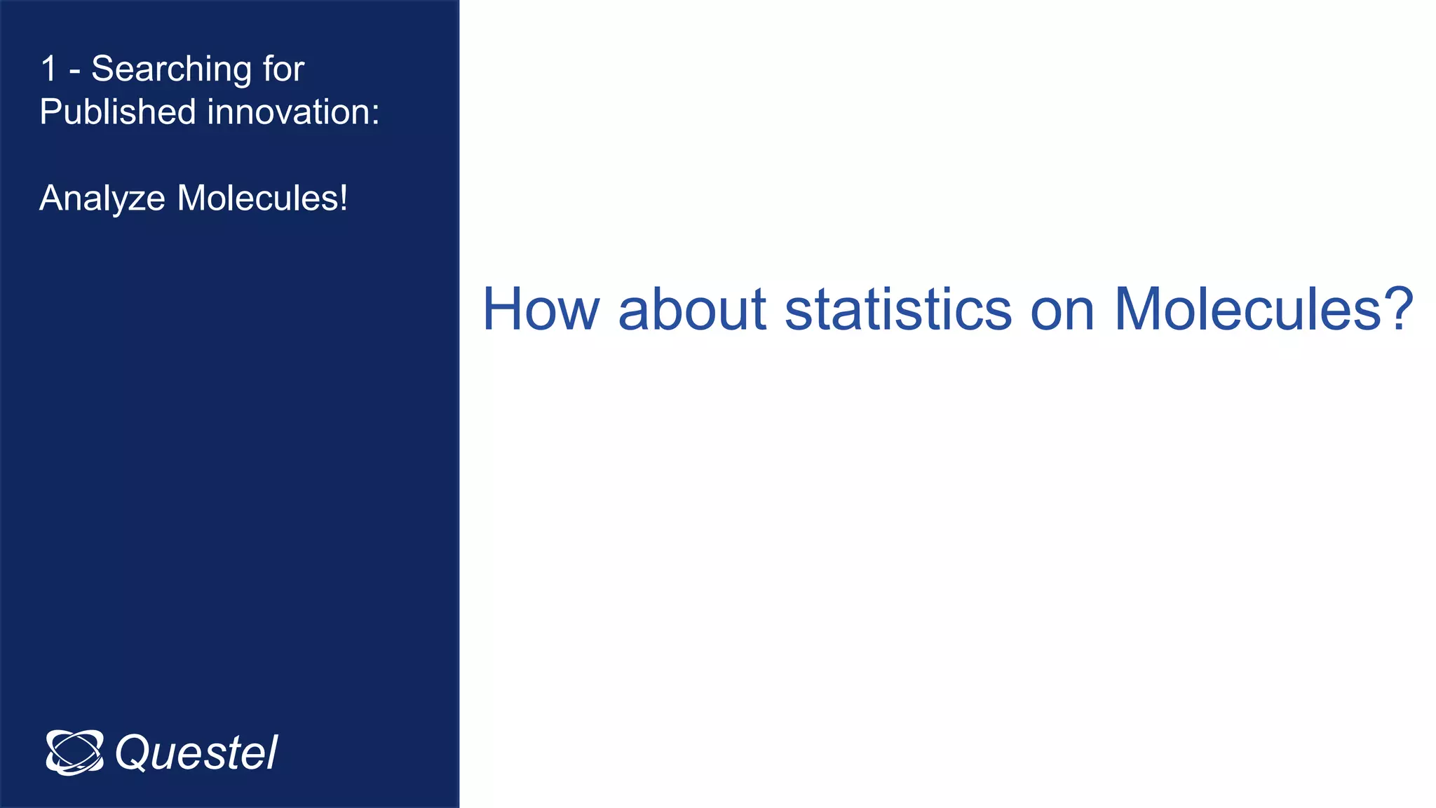 How about statistics on Molecules?
1 - Searching for
Published innovation:
Analyze Molecules!
Questel Intellixir
 