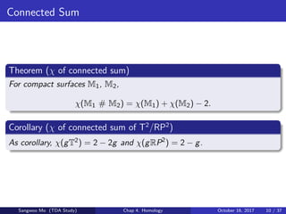Connected Sum
Theorem (χ of connected sum)
For compact surfaces M1, M2,
χ(M1 # M2) = χ(M1) + χ(M2) − 2.
Corollary (χ of connected sum of T2
/RP2
)
As corollary, χ(gT2) = 2 − 2g and χ(gRP2
) = 2 − g.
Sangwoo Mo (TDA Study) Chap 4. Homology October 16, 2017 10 / 37
 