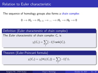Relation to Euler characteristic
The sequence of homology groups also forms a chain complex
0 −→ Hn −→ Hn−1 −→ ... −→ H1 −→ H0 −→ 0
Deﬁnition (Euler charactersitic of chain complex)
The Euler charactersitic of chain complex C∗ is
χ(C∗) =
i
(−1)i
rank(Ci ).
Theorem (Euler-Poincar´e formula)
χ(C∗) = χ(H∗(C∗)) =
i
(−1)i
βi .
Sangwoo Mo (TDA Study) Chap 4. Homology October 16, 2017 31 / 37
 