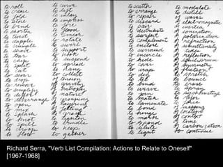 Richard Serra, "Verb List Compilation: Actions to Relate to Oneself"
[1967-1968]
 