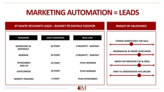 MARKETING AUTOMATION= LEADS
AT SKAFFE RELEVANTE LEADS – BASERET PÅ DIGITALE FODSPOR PARDOT BY SALESFORCE
TEKNISK KOMPETENCE FOR SALG
INDDRAGELSE AF ANDRE AFDELINGER
VÆRDI FOR RÅDGIVER (TID & OMS)
KRAV TIL FÆRDIGHEDER HOS SÆLGER
SALG LEADKENDSKAB LEAD VURDERING
DOWNLOAD AF
MATERIALE
NYHEDSBREV
SIGN UP
WEBSITE TRACKING
WEBINAR
EVENT/MESSE
30 POINT
10 POINT
5 POINT
20 POINT
10 POINT
1.PRIORITET - KONTAKT
PUSH WEBINAR
PUSH NYHEDSBREV
2.PRIORITET - KONTAKT
PUSH WEBINAR
Henvisning: https://www.pardot.com/
 