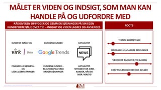 MÅLET ER VIDEN OG INDSIGT, SOM MAN KAN
HANDLE PÅ OGUDFORDRE MED
RÅDGIVEREN OPBYGGER OG GEMMER SØGNINGER PÅ SIN EGEN
KUNDEPORTEFØLJE OVER TID – INDSIGT OG VIDEN LAGRES OG ANVENDES
ROOTS
TEKNISK KOMPETENCE
INDDRAGELSE AF ANDRE AFDELINGER
VÆRDI FOR RÅDGIVER (TID & OMS)
KRAV TIL FÆRDIGHEDER HOS SÆLGER
KUNDENS NØGLETAL KUNDENS KUNDER AKTUALITET
FINANSIELLE NØGLETAL
OG
LEDELSESBERETNINGER
KUNDENS KUNDER –
REALTIDSOPDATERDE
BRUGERSØGNINGER
AKTUALITET.
NYHEDER FOR JERES
KUNDER, NÅR DE
SKER. REALTID
Henvisning: www.redwoodmanagement.dk
 