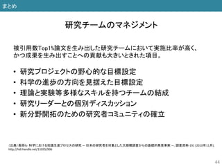 被引用数Top1%論文を生み出した研究チームにおいて実施比率が高く、
かつ成果を生み出すことへの貢献も大きいとされた項目。
• 研究プロジェクトの野心的な目標設定
• 科学の進歩の方向を見据えた目標設定
• 理論と実験等多様なスキルを持つチームの結成
• 研究リーダーとの個別ディスカッション
• 新分野開拓のための研究者コミュニティの確立
44
研究チームのマネジメント
まとめ
（出典）長岡ら: 科学における知識生産プロセスの研究 ― 日本の研究者を対象とした大規模調査からの基礎的発見事実 ―, 調査資料-191 (2010年11月),
http://hdl.handle.net/11035/906
 