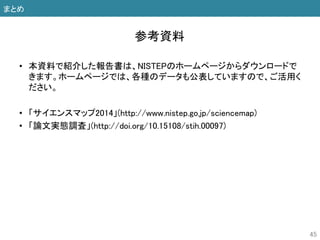 • 本資料で紹介した報告書は、NISTEPのホームページからダウンロードで
きます。ホームページでは、各種のデータも公表していますので、ご活用く
ださい。
• 「サイエンスマップ2014」(http://www.nistep.go.jp/sciencemap)
• 「論文実態調査」(http://doi.org/10.15108/stih.00097)
45
参考資料
まとめ
 